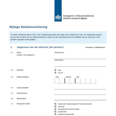 Documentvoorvertoning: Bijlage Relatieverklaring — IND — immigratie, Nederland (CERFA n°7108)