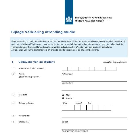 Documentvoorvertoning: Bijlage Verklaring afronding studie — IND — immigratie, Nederland (CERFA n°7107)