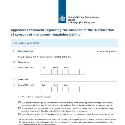 Documentvoorvertoning: Appendix Statement regarding the absence of the Declaration of consent of the parent remaining behind — IND — immigratie, Nederland (CERFA n°7649)