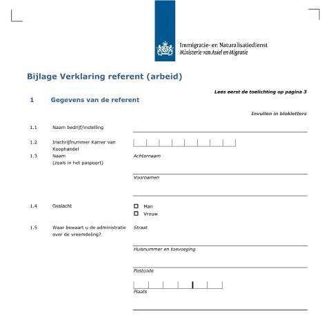 Documentvoorvertoning: Bijlage Verklaring referent (arbeid) — IND — immigratie, Nederland (CERFA n°7122)