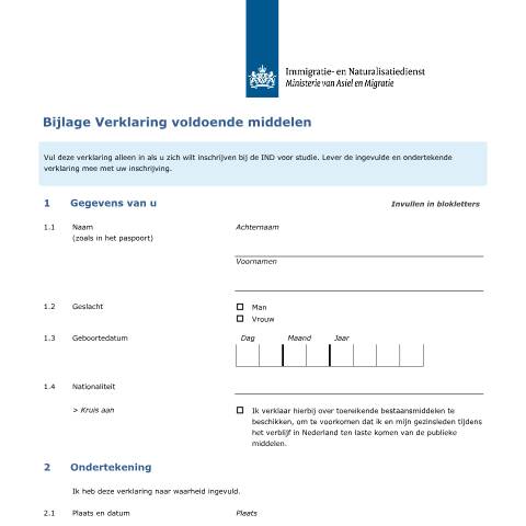 Documentvoorvertoning: Bijlage Verklaring voldoende middelen — IND — immigratie, Nederland (CERFA n°7165)