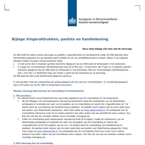 Documentvoorvertoning: Bijlage Vingerafdrukkken, pasfoto en handtekening — IND — immigratie, Nederland (CERFA n°7102)