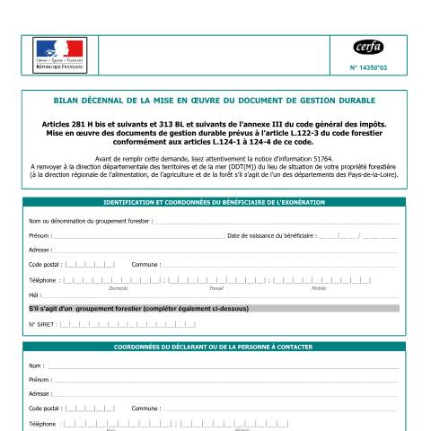Aperçu du document Bilan de la mise en œuvre du document de gestion durable — Professionnels, France (CERFA n°14350*03)