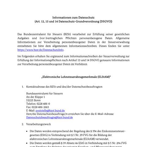 Dokumentvorschau: Bildung_elektro_Lohnsteuerabzugsmerkmale — BZSt/Informationen_zum_Datenschutz, Deutschland (CERFA n°Bildung_elektro_Lohnsteuerabzugsmerkmale)