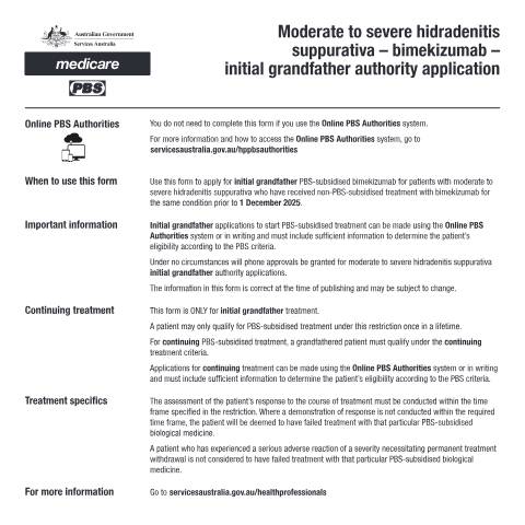 Document preview: Moderate to severe hidradenitis suppurativa - bimekizumab - initial grandfather authority application form (PB364) — Services Australia — Health professionals, Australia (CERFA n°PB364)