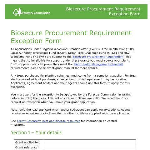 Document preview: Biosecure Procurement Requirement exception form — Forestry Commission, United Kingdom