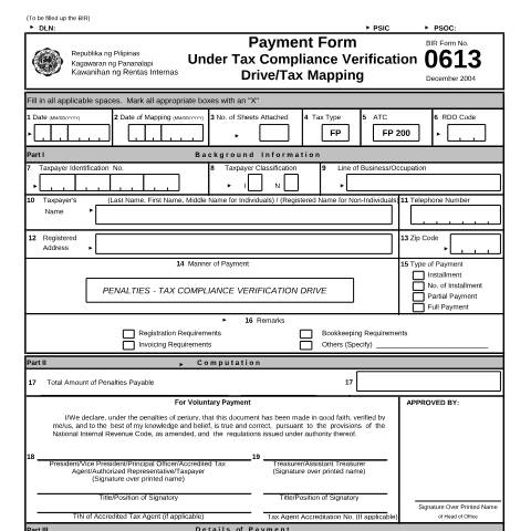 Document preview: BIR Form No. 0613 - Payment Form Under Tax Compliance Verification Drive/Tax Mapping — Payment/Remittance Forms, Philippines (CERFA n°0613)
