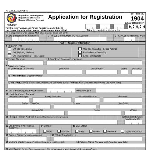 Document preview: BIR Form No. 1904 - Application for Registration For One-Time Taxpayer and Person Registering under E.O. 98 (Securing a TIN to be able to transact with any Government Office) — Application Forms, Philippines (CERFA n°1904)