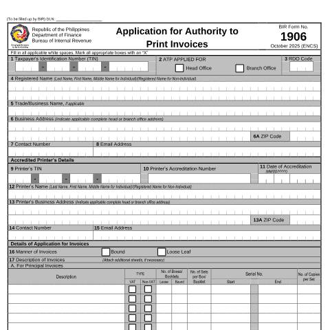 Document preview: BIR Form No. 1906 - Application for Authority to Print Invoices — Application Forms, Philippines (CERFA n°1906)