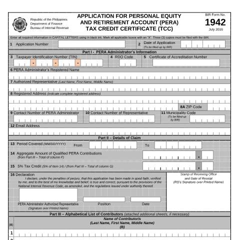 Document preview: BIR Form No. 1942 - Application for Personal Equity and Retirement Account (PERA) Tax Credit Certificate (TCC) — Application Forms, Philippines (CERFA n°1942)
