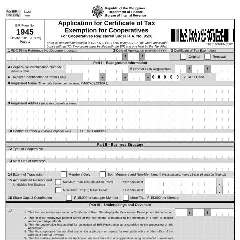 Document preview: BIR Form No. 1945 - Application for Certificate of Tax Exemption for Cooperatives — Application Forms, Philippines (CERFA n°1945)
