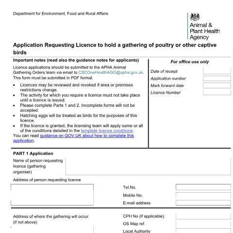 Document preview: Bird gatherings: apply for a specific licence for poultry or other captive birds — Department for Environment, Food & Rural Affairs, United Kingdom