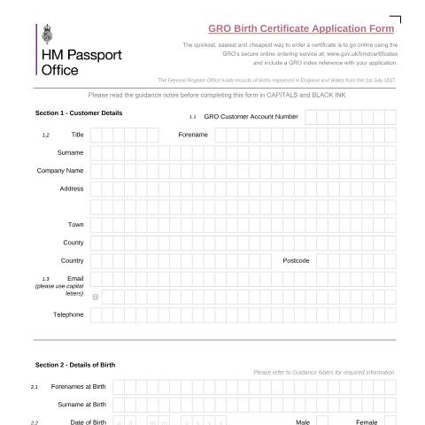 Document preview: Birth certificate application form — HM Passport Office, United Kingdom