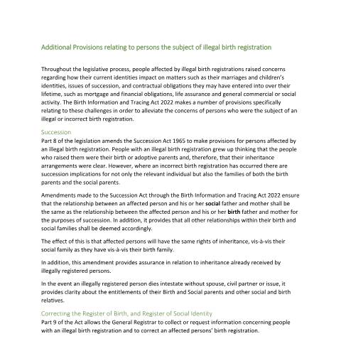 Document preview: Accessing Personal Information under the Birth Information and Tracing Act 2022 — additional provisions relating to persons the subject of illegal birth registration — Department of Children, Disability and Equality, Ireland