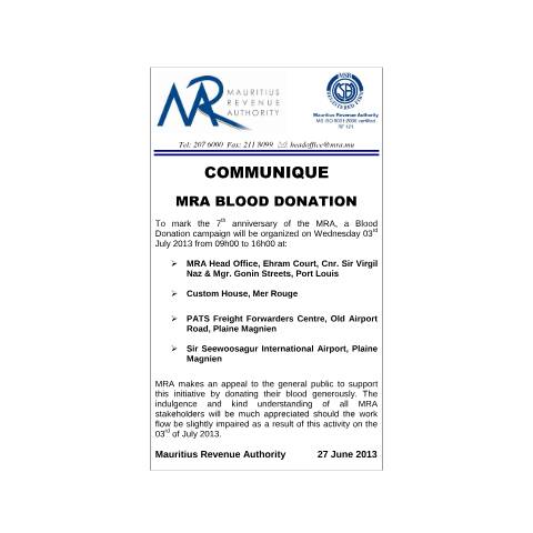 Document preview: Blood Donation 2013 (27.06.2013) — Notice / Circular, Mauritius (CERFA n°CommuniqueBloodDonation2013)