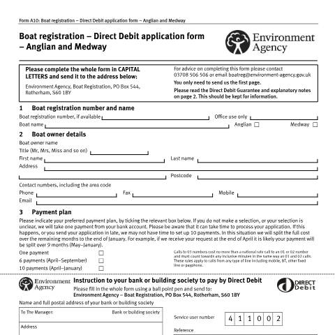 Document preview: Boat registration: direct debit application form - Anglian and Medway — Environment Agency, United Kingdom
