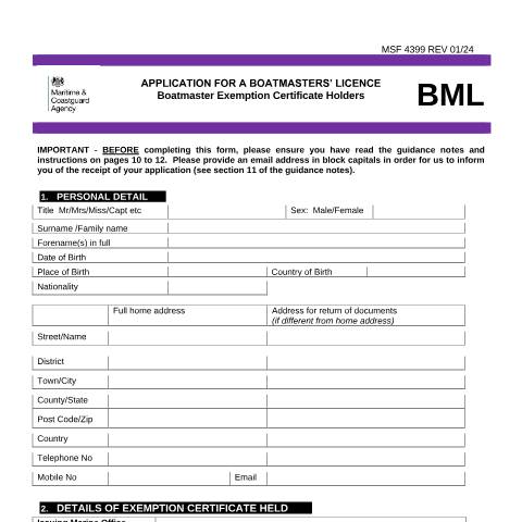 Document preview: How to apply for a Boatmasters' licence exemption certificate — Maritime and Coastguard Agency, United Kingdom