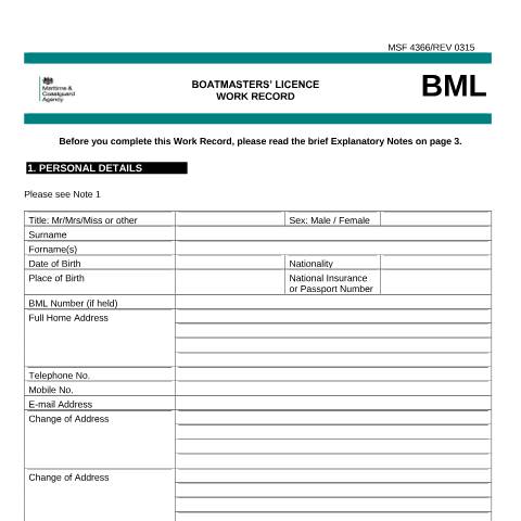 Document preview: Boatmasters' licence work record book. — Maritime and Coastguard Agency, United Kingdom