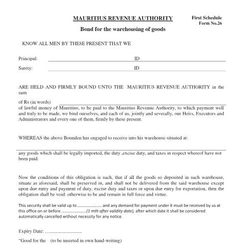 Document preview: Bond for Warehousing of Goods — Document, Mauritius (CERFA n°Form26BondforWarehousingofGoods)