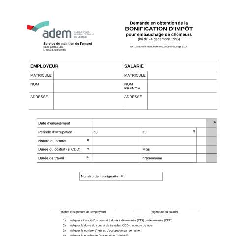Aperçu du document Bonification d’impôt pour embauche de chômeur — Aides, Luxembourg (CERFA n°bonification-impots-chomeurs)
