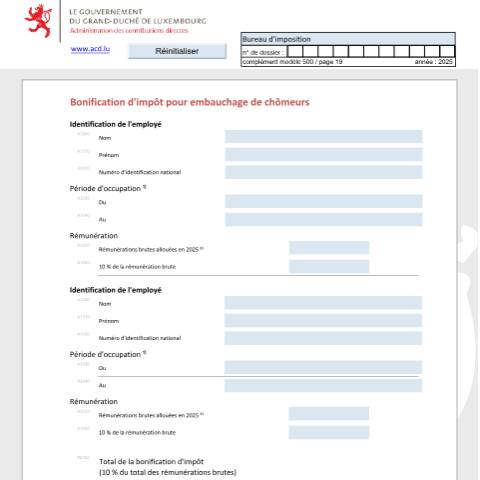 Aperçu du document Bonification d'impôt pour embauchage de chômeurs Steuergutschrift für die Einstellung von Arbeitslosen Tax credit for recruiting unemployed persons — Déclarations téléchargeables au format PDF (pour les années 2021 à 2025), Luxembourg (CERFA n°bchomf)