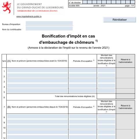 Aperçu du document Annexe: "Bonification d'impôt en cas d'embauchage de chômeurs" — Annexes et bonifications d'impôt, Luxembourg (CERFA n°805 F)