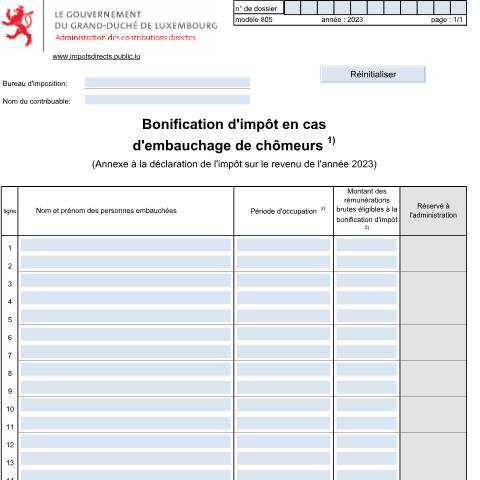 Aperçu du document Annexe: "Bonification d'impôt en cas d'embauchage de chômeurs" — Annexes et bonifications d'impôt, Luxembourg (CERFA n°805 F)