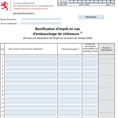 Aperçu du document Annexe: "Bonification d'impôt en cas d'embauchage de chômeurs" — Annexes et bonifications d'impôt, Luxembourg (CERFA n°805 F)