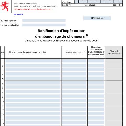 Aperçu du document Annexe: "Bonification d'impôt en cas d'embauchage de chômeurs" — Annexes et bonifications d'impôt, Luxembourg (CERFA n°805 F)