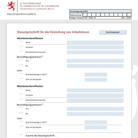 Aperçu du document Bonification d'impôt pour embauchage de chômeurs Steuergutschrift für die Einstellung von Arbeitslosen Tax credit for recruiting unemployed persons — Déclarations téléchargeables au format PDF (pour les années 2021 à 2025), Luxembourg (CERFA n°BCHOMD)