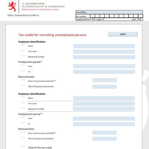 Aperçu du document Bonification d'impôt pour embauchage de chômeurs Steuergutschrift für die Einstellung von Arbeitslosen Tax credit for recruiting unemployed persons — Déclarations téléchargeables au format PDF (pour les années 2021 à 2025), Luxembourg (CERFA n°BCHOME)