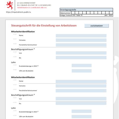 Aperçu du document Bonification d'impôt pour embauchage de chômeurs Steuergutschrift für die Einstellung von Arbeitslosen Tax credit for recruiting unemployed persons — Déclarations téléchargeables au format PDF (pour les années 2021 à 2025), Luxembourg (CERFA n°bchomd)