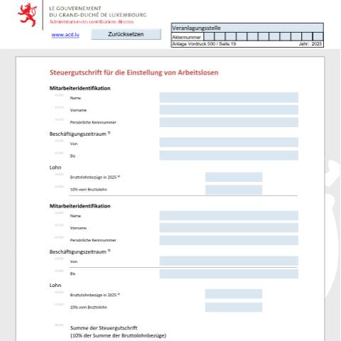 Aperçu du document Bonification d'impôt pour embauchage de chômeurs Steuergutschrift für die Einstellung von Arbeitslosen Tax credit for recruiting unemployed persons — Déclarations téléchargeables au format PDF (pour les années 2021 à 2025), Luxembourg (CERFA n°bchomd)