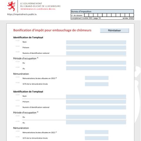 Aperçu du document Bonification d'impôt pour embauchage de chômeurs Steuergutschrift für die Einstellung von Arbeitslosen Tax credit for recruiting unemployed persons — Déclarations téléchargeables au format PDF (pour les années 2021 à 2025), Luxembourg (CERFA n°bchomf)