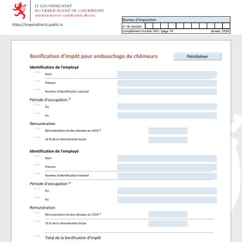 Aperçu du document Bonification d'impôt pour embauchage de chômeurs Steuergutschrift für die Einstellung von Arbeitslosen Tax credit for recruiting unemployed persons — Déclarations téléchargeables au format PDF (pour les années 2021 à 2025), Luxembourg (CERFA n°bchomf)