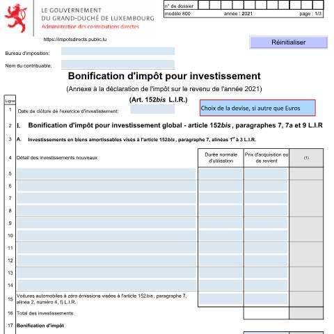 Aperçu du document Annexe: "Bonification d'impôt pour investissement" — Annexes et bonifications d'impôt, Luxembourg (CERFA n°800 F)