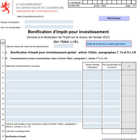 Aperçu du document Annexe: "Bonification d'impôt pour investissement" — Annexes et bonifications d'impôt, Luxembourg (CERFA n°800 F)
