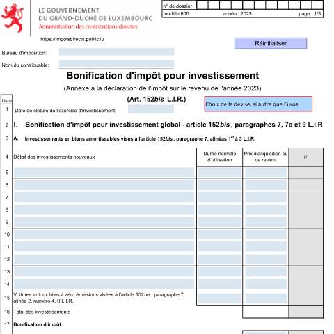 Aperçu du document Annexe: "Bonification d'impôt pour investissement" — Annexes et bonifications d'impôt, Luxembourg (CERFA n°800 F)