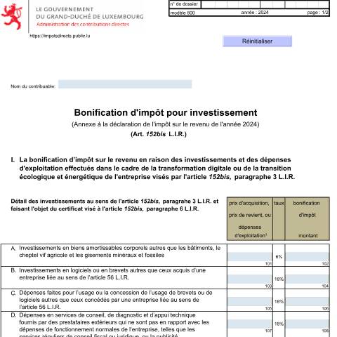 Aperçu du document Annexe: "Bonification d'impôt pour investissement" — Annexes et bonifications d'impôt, Luxembourg (CERFA n°800 F)