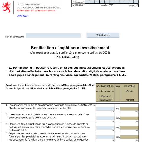 Aperçu du document Annexe: "Bonification d'impôt pour investissement" — Annexes et bonifications d'impôt, Luxembourg (CERFA n°800 F)