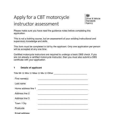 Document preview: Book the compulsory basic training (CBT) instructor assessment — Driver and Vehicle Standards Agency, United Kingdom