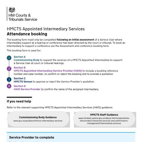Document preview: Book an HMCTS approved intermediary to attend a hearing — HM Courts & Tribunals Service, United Kingdom