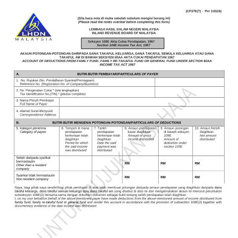Document preview: Form CP37E (T) Pin 1/2024 — Withholding Tax, Malaysia (CERFA n°CP37E)