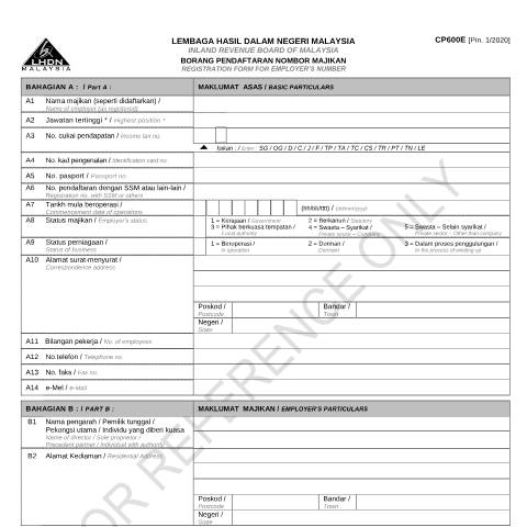 Document preview: Form CP600E [Pin.1/2020] — Registration, Malaysia (CERFA n°CP600E)