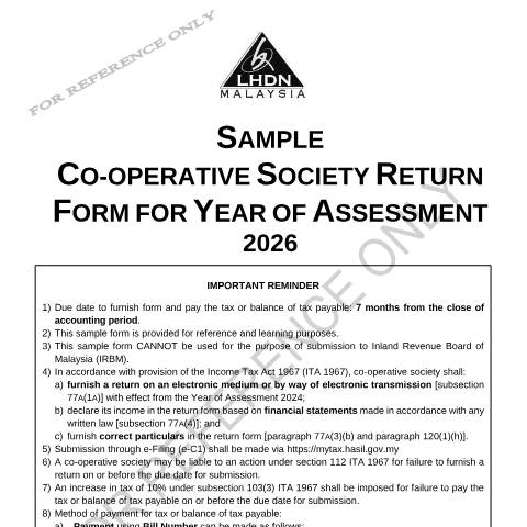 Document preview: Sample Co-Operative Society Return Form 2026 and Appendices — Non-Company and Non-Individual, Malaysia