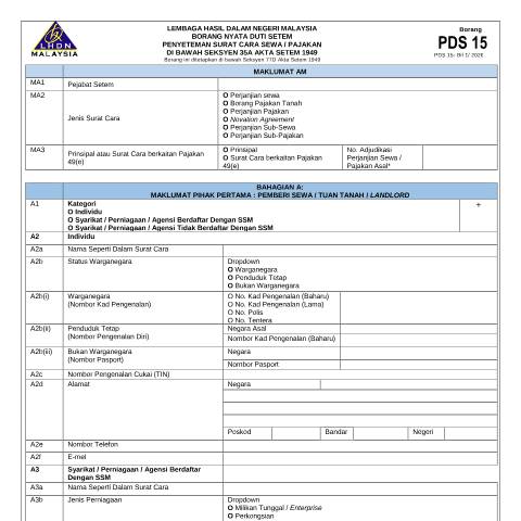 Document preview: Borang PDS 15 - Sewa / Pajakan — Stamp Duty, Malaysia