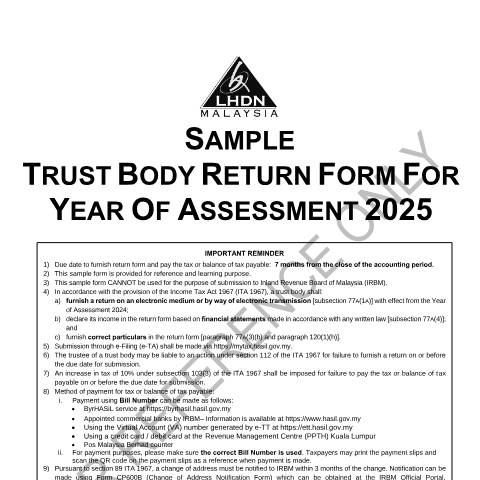 Document preview: Sample Trust Body Return Form 2025 and Appendices — Non-Company and Non-Individual, Malaysia