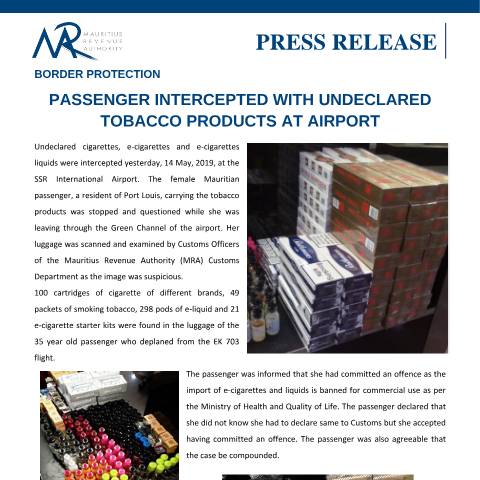 Document preview: Passenger intercepted with undeclared tobacco products at Airport (15.05.19) — Document, Mauritius (CERFA n°PressRelease150519)