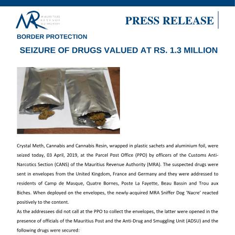 Document preview: Border Protection - Seizure of drugs valued at Rs 1.3 million (03.04.19) — Regulation / Order, Mauritius (CERFA n°PressRelease030419)