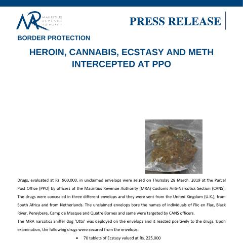 Document preview: Border Protection - Heroin, Cannabis, Ecstasy and Meth intercepted at PPO (29.03.19) — Regulation / Order, Mauritius (CERFA n°PressRelease290319)